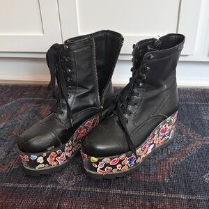 YRU Black Platform Boots with Lisa Frank stickers